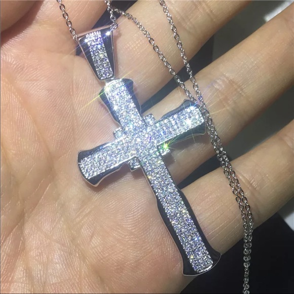 New Luxury 925 Silver Cross Men Women Diamond Necklace - Picture 4 of 16